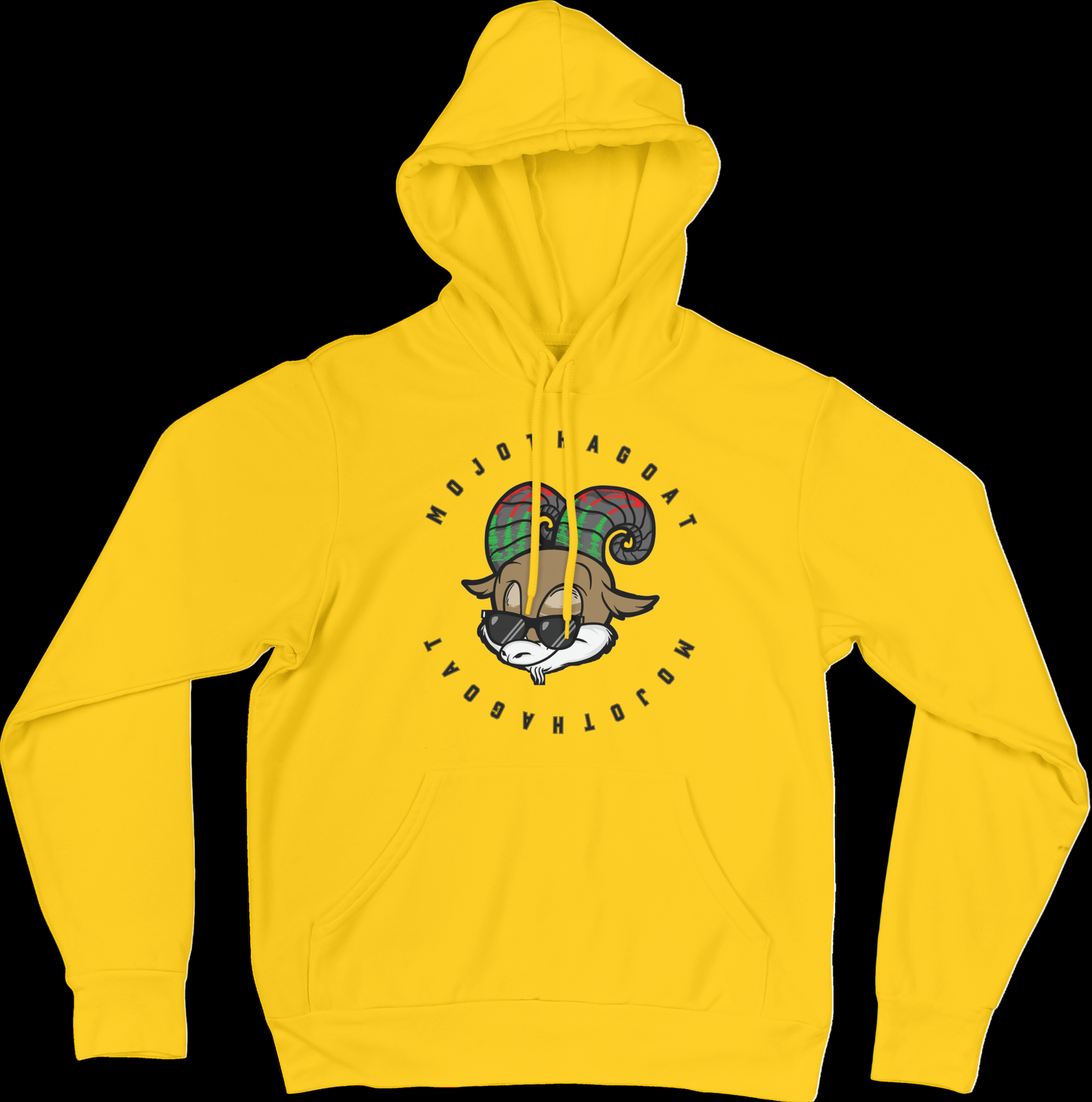 Yellow hoodie with a graphic design on a black background